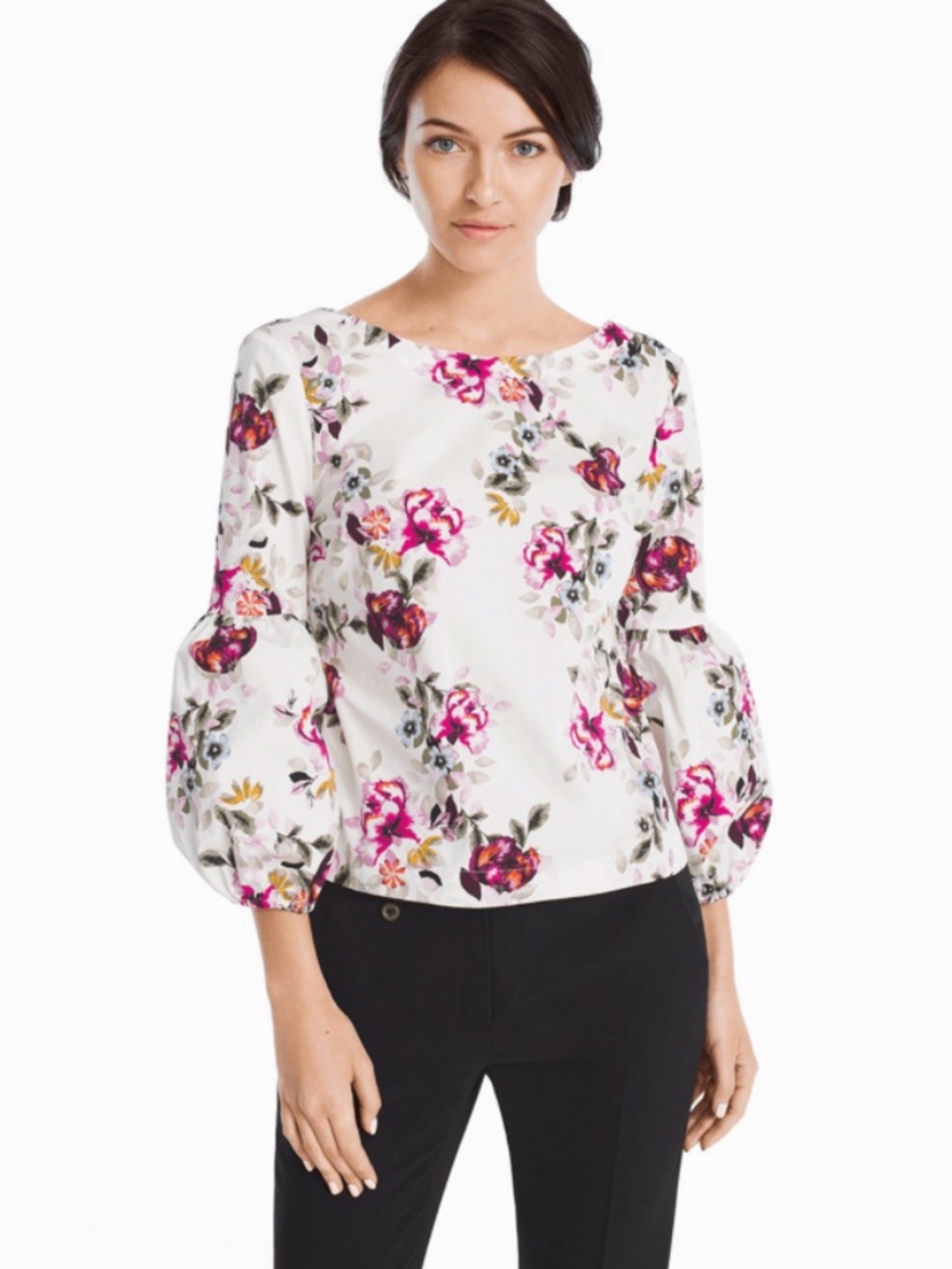 White House Black Market 3/4-Sleeve Poplin Floral Top Size 8